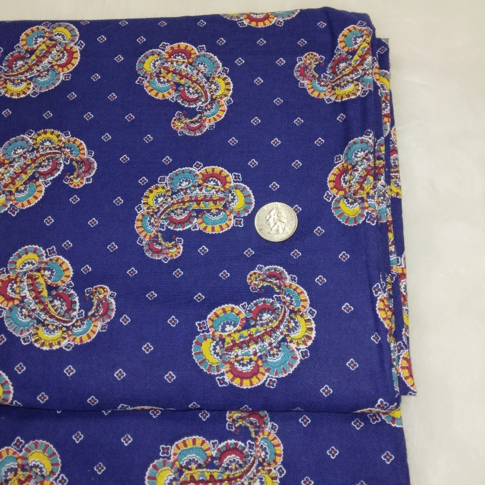 FABRIC 4 yards elaborate paisley on blue. Quarter for scale. Nice hand